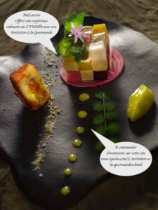 rubik cube de foie gras et betterave Bon cadeau restaurant gastronomique Bordeaux — C'yusha, chef Pierrick Célibert, Saint-Pierre